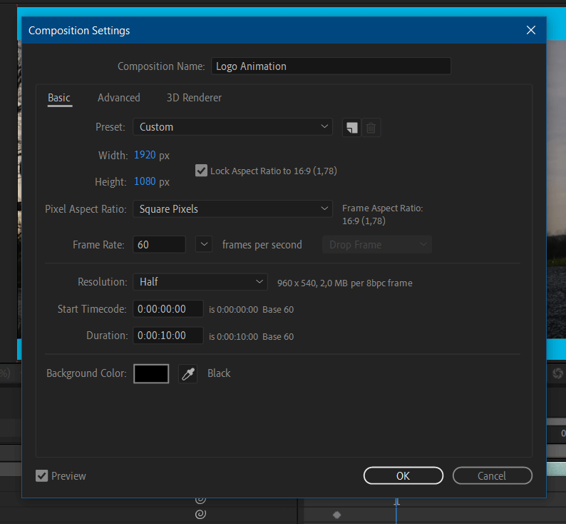 Composition Settings dialog box